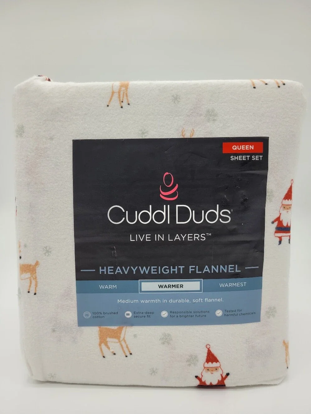 Cuddl Duds Heavyweight Flannel Sheet Set Reindeer Santa Print QUEEN Size NEW